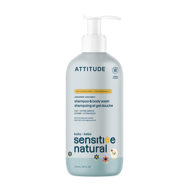 ATTITUDE 2-in-1 Shampoo and Body Wash for Baby, EWG Verified, Plant- and Mineral-Based Ingredients, Vegan and Cruelty-Free Products for Sensitive Skin, Unscented, 16 Fl Oz