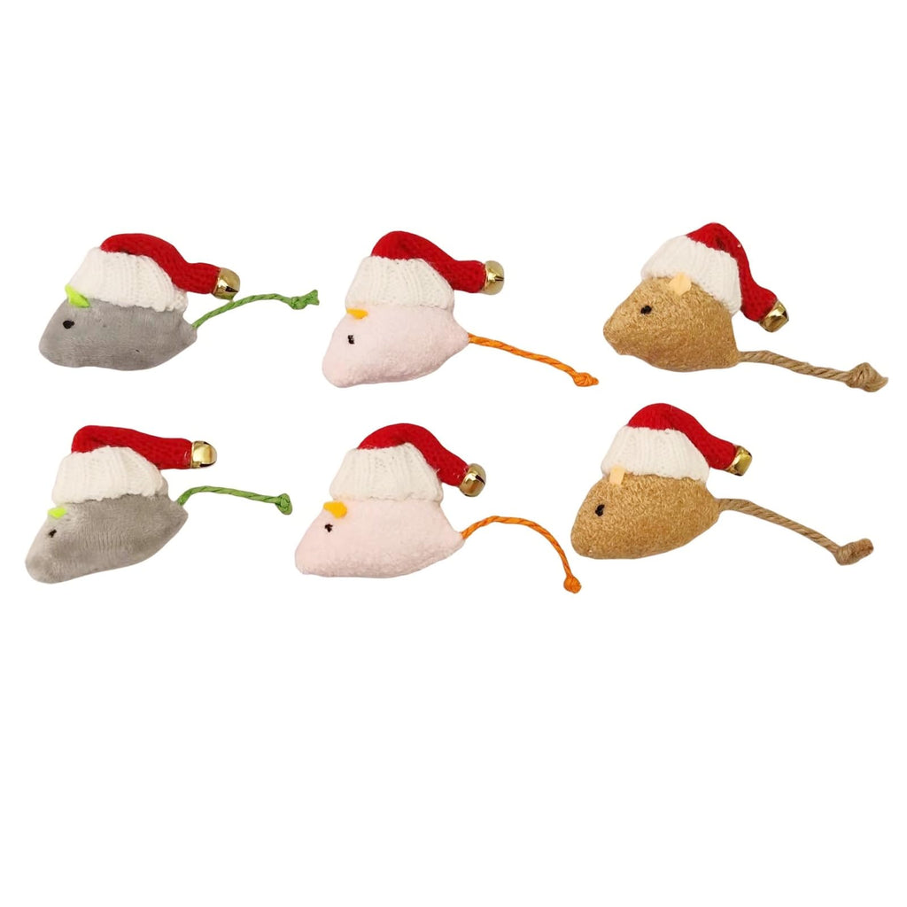 6-Pack Christmas Catnip Mice Toys - Handmade Crochet Hat with Bell, Catnip-Filled Plush Mice for Interactive Play and Holiday Fun