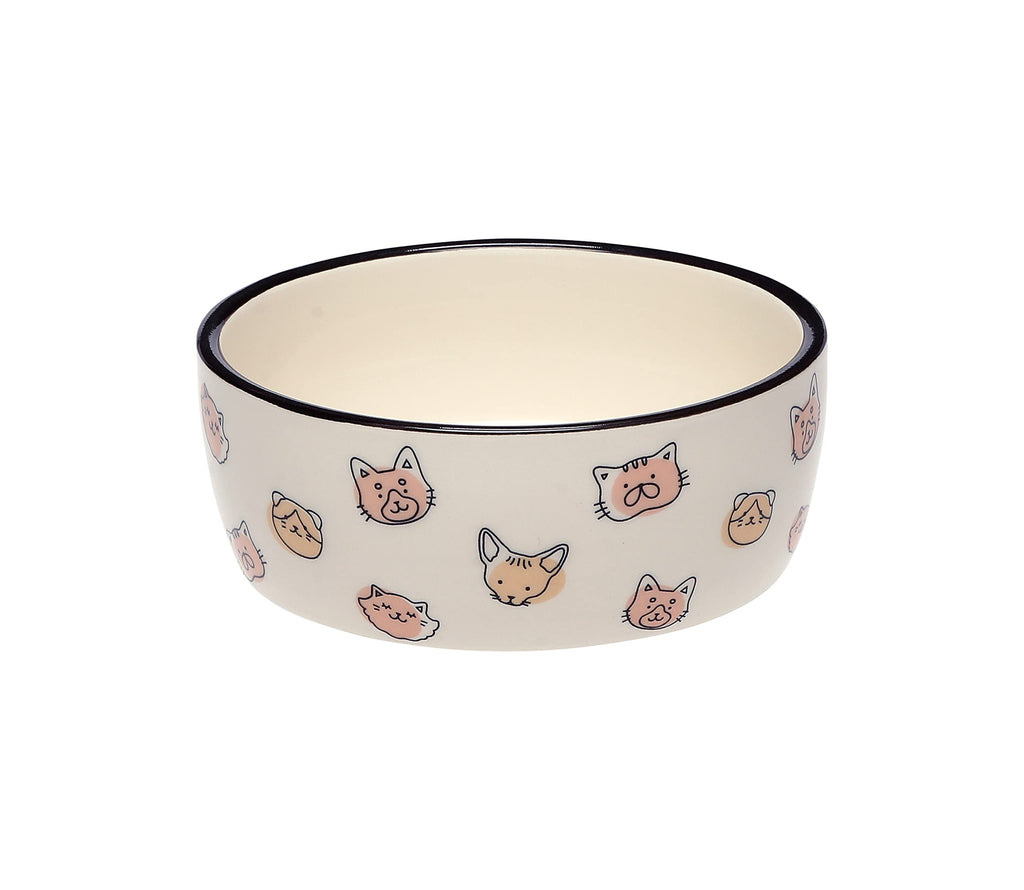 Pearhead Cat Faces Pattern Ceramic Pet Bowl, Holds 2 Cups, Medium Water and Food Dish, Microwave and Dishwasher Safe