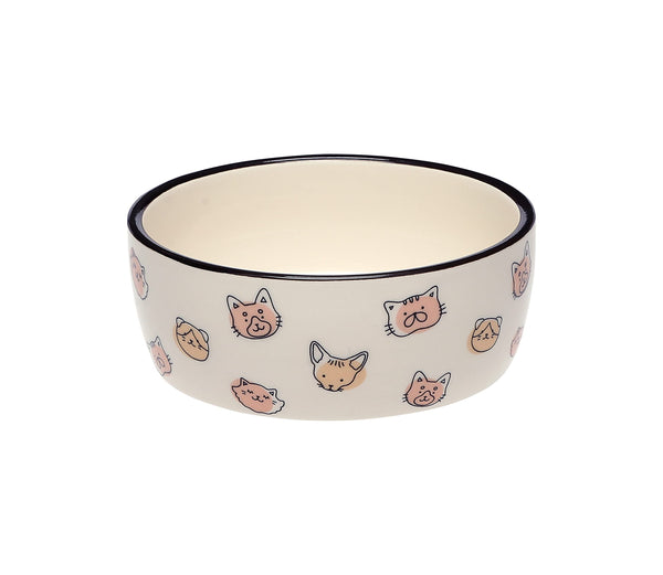 Pearhead Cat Faces Pattern Ceramic Pet Bowl, Holds 2 Cups, Medium Water and Food Dish, Microwave and Dishwasher Safe