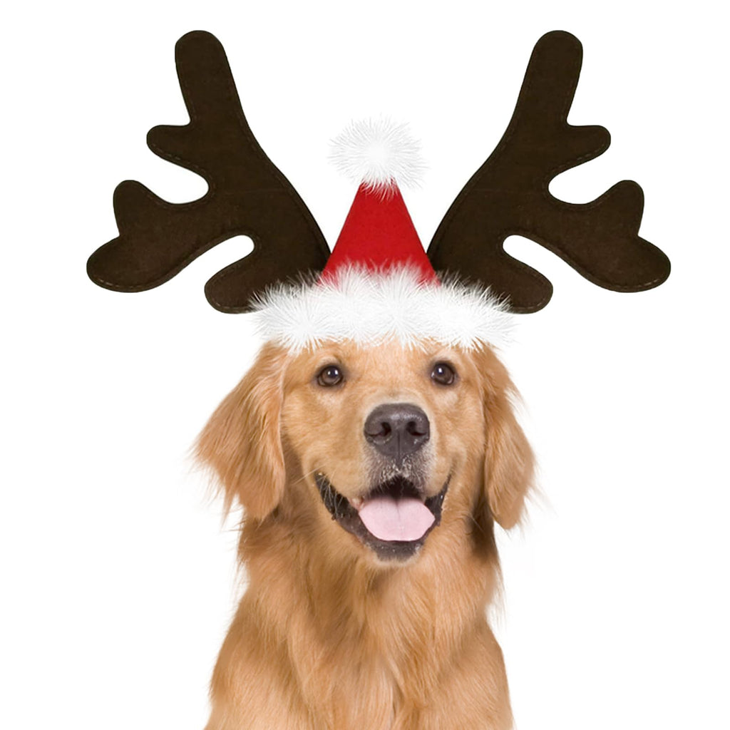 Pets on Safari Dog Christmas Reindeer Antlers Headband with Santa Hat, Xmas Classic Elk Hat Headwear for Dogs, Pet Christmas Costume Accessories for Medium Large Dogs (Christmas Hat Antlers)