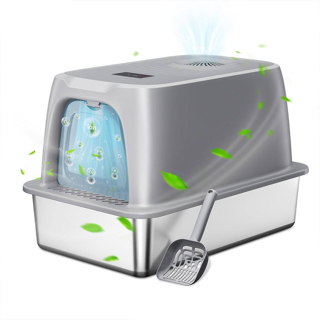 Anycoo Odor Removal Stainless Steel Litter Box, Extra Large Enclosed Cat Litter Box for Big Cats, Metal Litter Box, Easy to Clean, Anti-Urine Leakage 24.7"" L x 15.8"" W x 16.1"" H, Grey