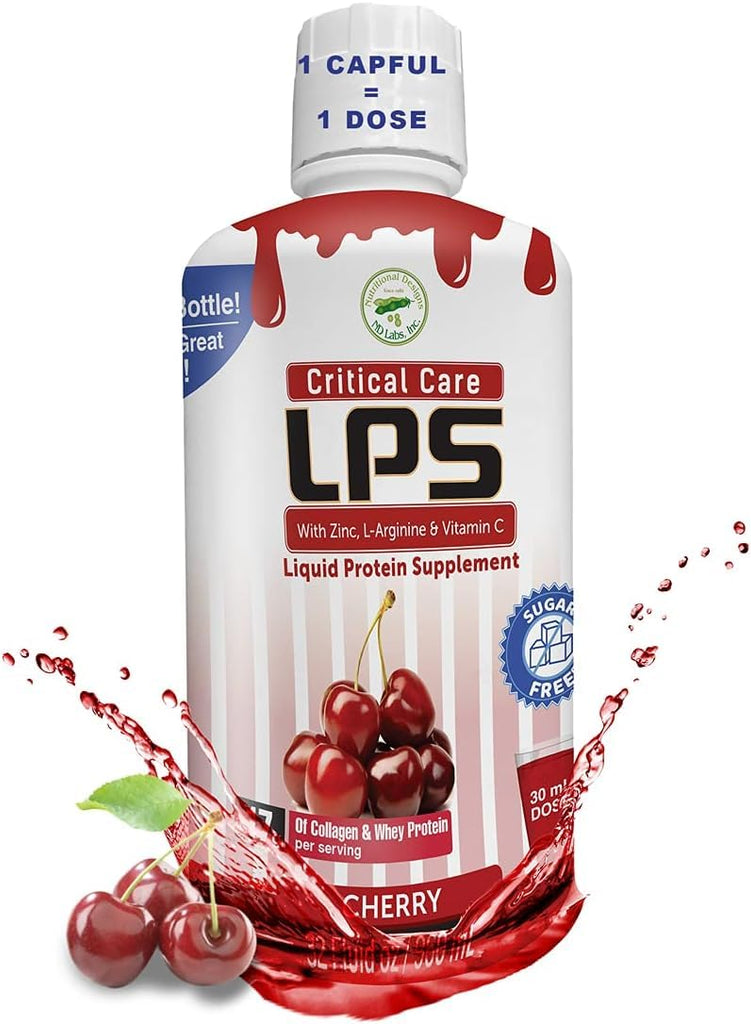 Nutritional Designs LPS Liquid Collagen & Whey Protein Supplement - Non-GMO Drink, Sugar-Free - Promotes Healthy Skin & Hair for Men & Women (Cherry, Critical Care)
