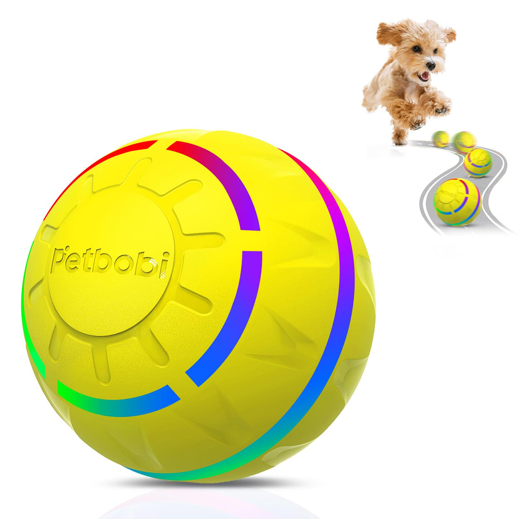 Petbobi Active Rolling Ball for Dogs - 2025 New Upgrade 2 Modes Interactive Dog Toys, USB Rechargeable Motion Activated Self Moving, Durable Pet Ball for Small Medium Large Breeds, LED Light, Yellow