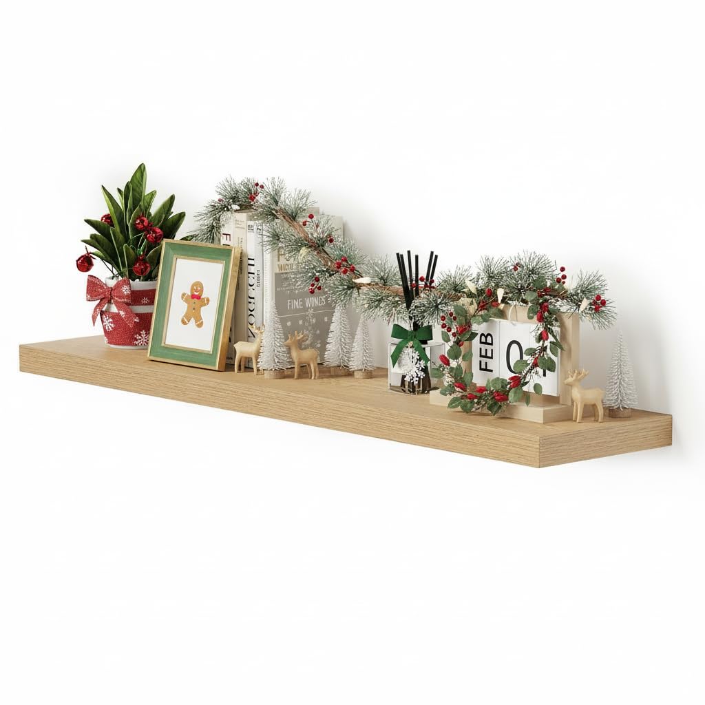 Vivelove Single Floating Shelves Oak 48 Inches, 48 x 10 inch Deep x 1.8 in Thick, Long Wall Shelves Heavy Duty 80 lbs for Bedroom, Living Room, Kitchen, Office, Modern Shelf Book Home Decor