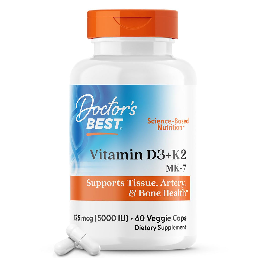 Doctor's Best Vitamin D3 + K2 (Vitamin K2 as MK-7), Supports Bone, Tissue, & Arterial Health, Calcium Absorption • Non-GMO • Gluten Free • Vegetarian, 5000 IU, 60 Veggie Caps