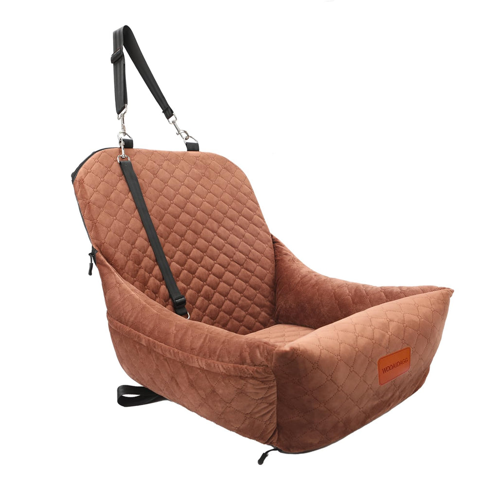 WOOAIDAGG Dog Car Seat for Small Dogs,Easy to Assemble,Comfy Cushion Fill in Memory Foam,2 Clip-On Safety Leashes and Storage Pockets,Detachable and Washable (Brown)