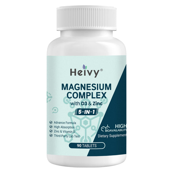 Magnesium Complex, Magnesium Glycinate, Citrate, Malate, Oxide, Gluconate with Zinc and Vitamin D3, Magnesium Supplement for Muscle, Nerve, Heart, Bone Support, High Absorption, 90 Tablets