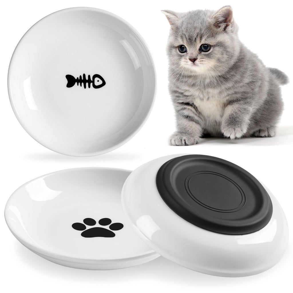 WROSWT Cat Food Bowl,Healthy Ceramic Cat Bowls for Indoor Cats,Anti Whisker Fatigue Cats Dishes Set,Shallow Wide Kitten Plates for Food and Water,Non-Slip Silicone Bottom,3 Pack