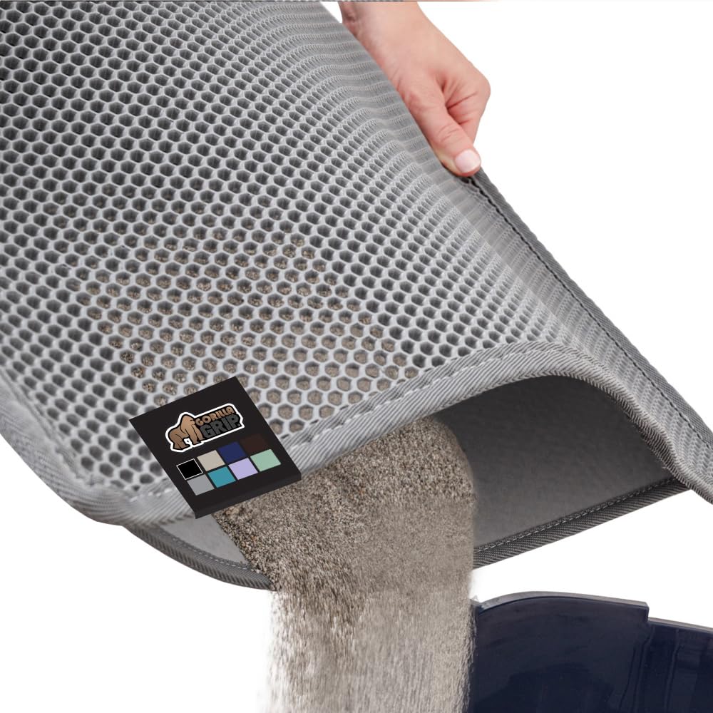 GORILLA GRIP Honeycomb Cat Litter Mat, Two Layer Trapping Waste Mats, Soft On Paws, Indoor Box Supplies and Essentials, Feeding Trap, Water Resistant on Floors, 24x15 Gray