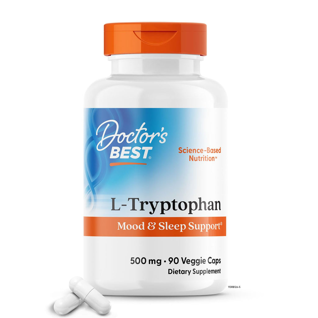 Doctor's Best L-Tryptophan , Helps Sleep, Healthy Mood & Behavior, Non-GMO, Vegan, Gluten & Soy Free, Veggie Caps, Promotes Normal, Healthy Restful Sleep, 90 Count