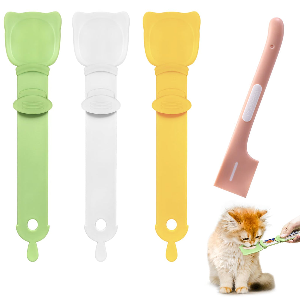 Idepet 4 Pack Cat Strip Feeder and Pet Food Mixing Spoon,3 Color Cats Stripe Squeeze Spoon Multifunctional Lickable Treat Feeding Dispenser for Cat Liquid Snack and Wet Food
