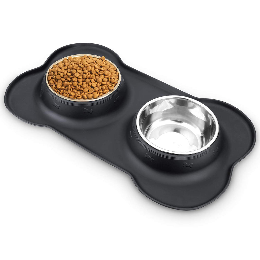 AsFrost Dog Food Bowls Stainless Steel Dog Bowls, Pet Dog Food Water Bowls No-Spill Non-Skid, Feeding Bowls with Dog Bowl Mat Dog Dishes for Small Medium Size Large Dogs Cats Puppy, Black, 240z