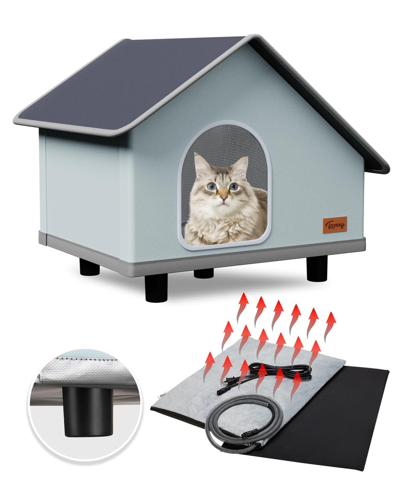 Toozey Large Elevated Heated Outdoor Cat House 100% Waterproof with Insulated Aluminum, 2 Mat, Sturdy Safe Feral Shelter for Winter Indoor Outside with Thermostatic Pet Heating Pad 19.7" X 16" X 17.7"