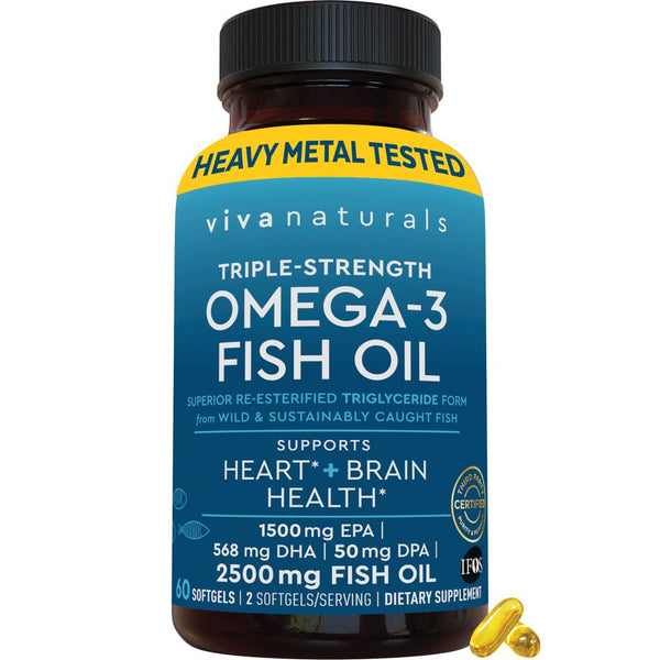 Viva Naturals Triple Strength Omega 3 Fish Oil Supplement - 2500 mg Fish Oil with Re-Esterified Omega 3 Fatty Acids Including EPA, DHA DPA - 60 Pescatarian-Friendly Softgels