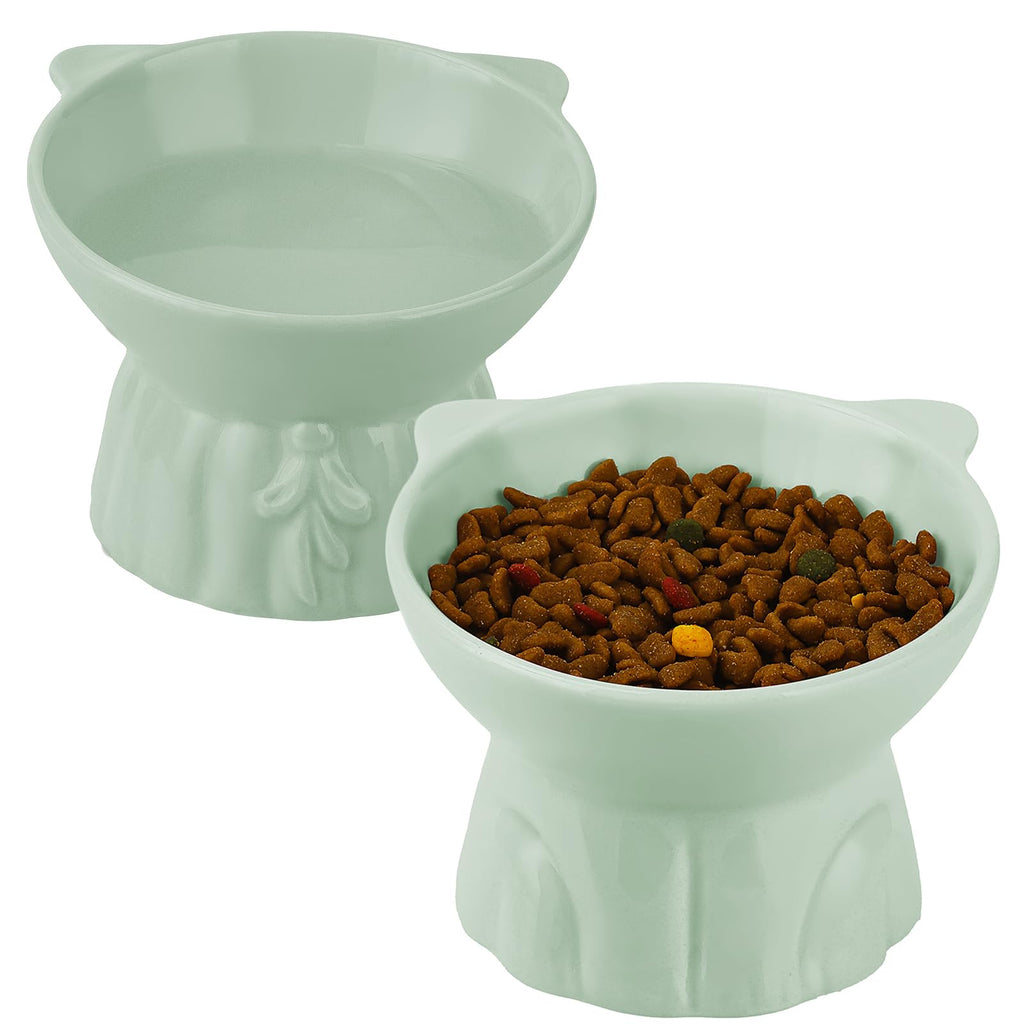 2Pcs Ceramic Elevated Bowls, Extra Wide Raised Cat Bowls for Food and Water, Shallow Cat Food Dish Whisker Friendly, Anti Vomit, Microwave and Dishwasher Safe, Great Height (Green)