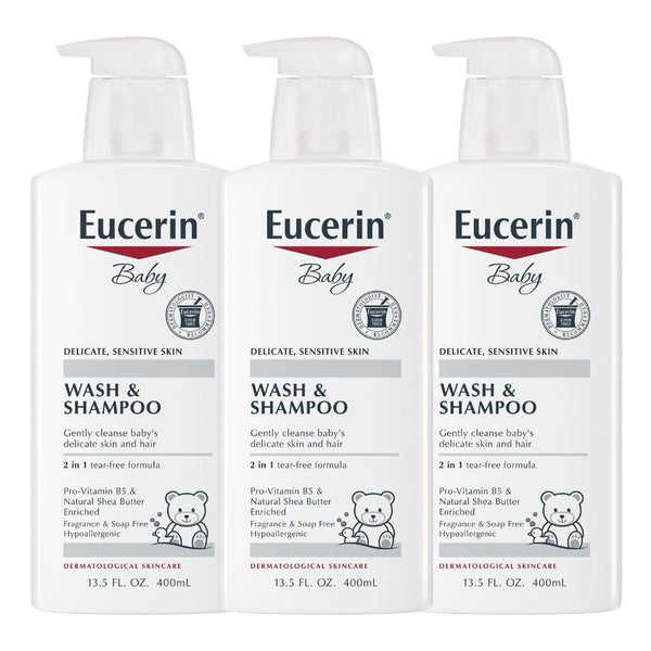 Eucerin Baby Unscented Baby Shampoo and Body Wash, Hypoallergenic, Tear Free Shampoo and Wash with Pro-Vitamin B5 and Shea Butter, 13.5 Fl Oz Bottle 3 pack