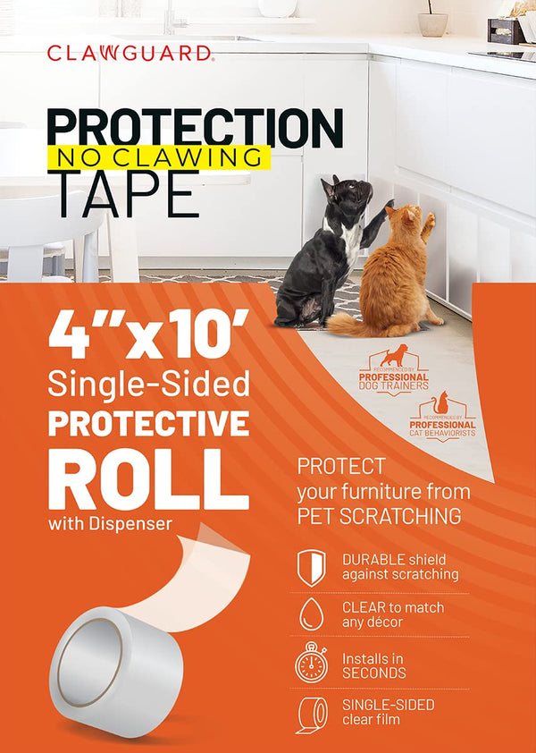 CLAWGUARD Protection Tape - Durable Single-Sided Shield Protection Barrier Against Cat, Dog, Bird, Rabbit Scratching and Clawing Furniture, Couch, Window Sill, Car Door, Glass and More! 4in x 10'
