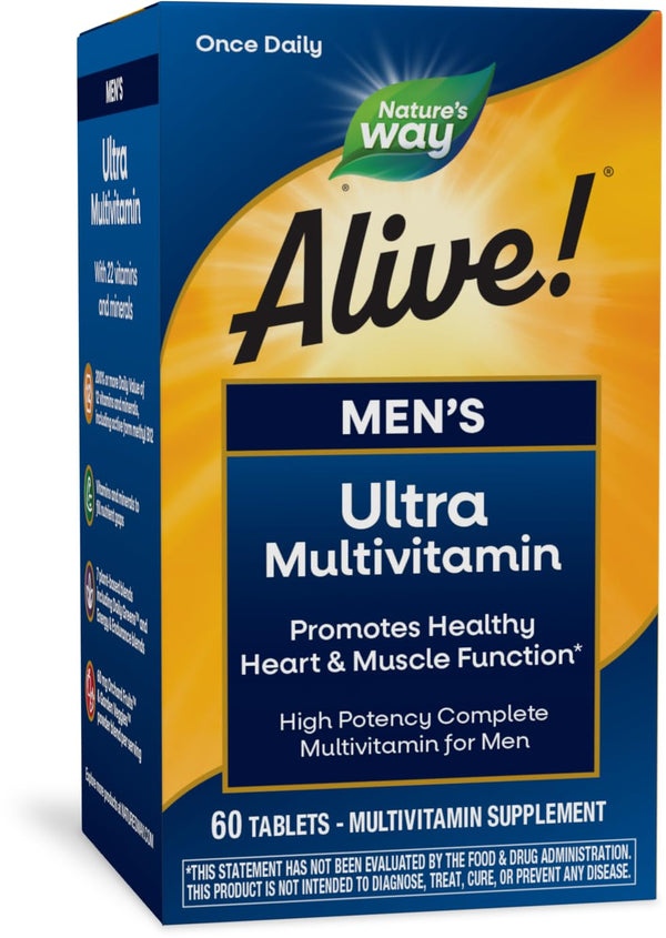 Nature's Way Alive! Men's Daily Ultra Multivitamin, High Potency Formula, Promotes Healthy Heart & Muscle Function*, with Methlyated B12, Gluten Free, 60 Tablets (Packaging May Vary)