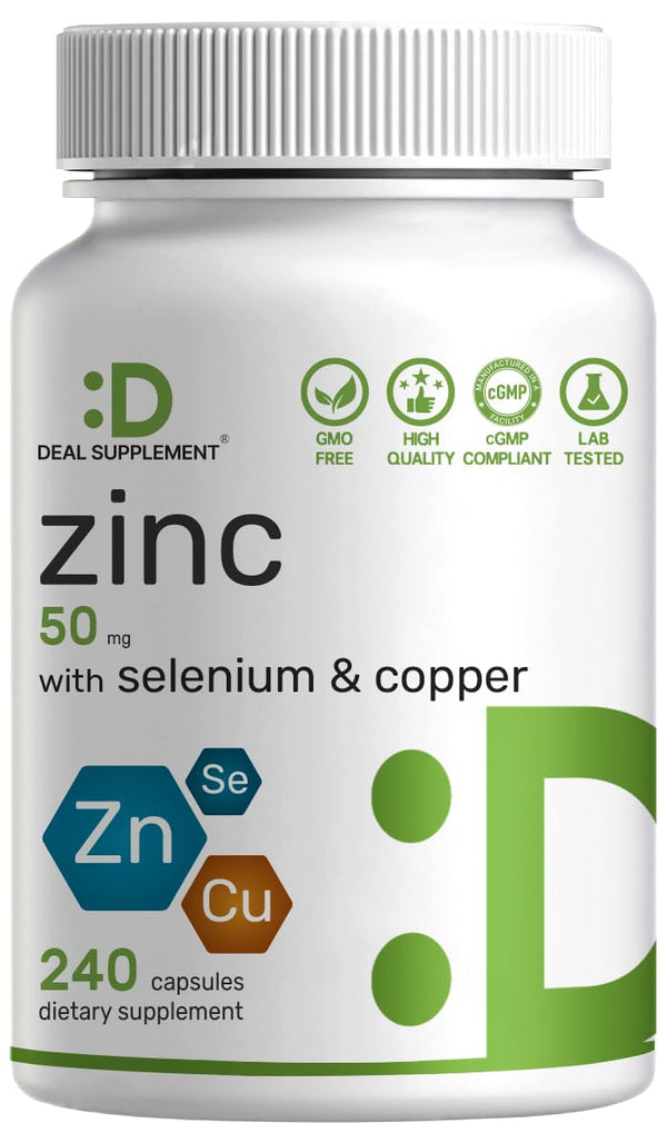 Deal Supplement Zinc 50mg with Selenium + Copper, 240 Capsules, 8 Month Supply, 3 in 1 Mineral Formula, Zinc Picolinate Complex Supplement, Supports Healthy Immune System for Adults and Kids