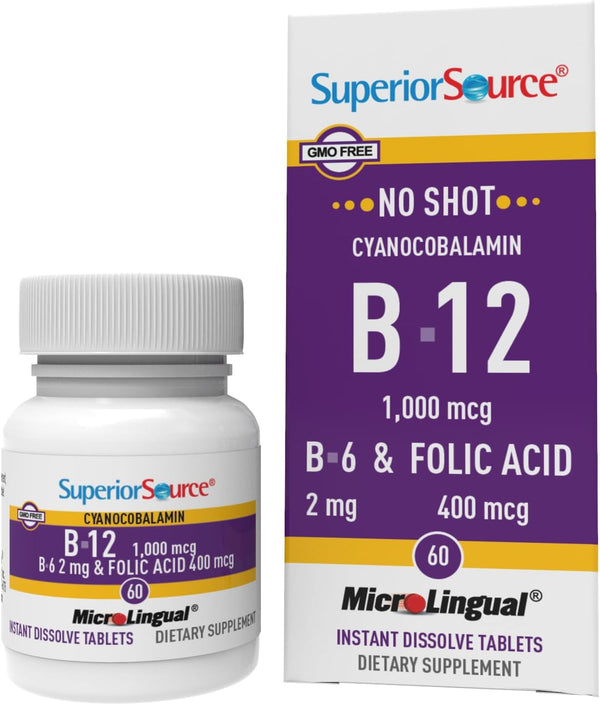 Superior Source No Shot Vitamin B12 Cyanocobalamin (1000 mcg), B6, Folic Acid, Quick Dissolve MicroLingual Tablets, 60 Count, Increase Energy, Healthy Heart, Boost Metabolism, Stress Support, Non-GMO