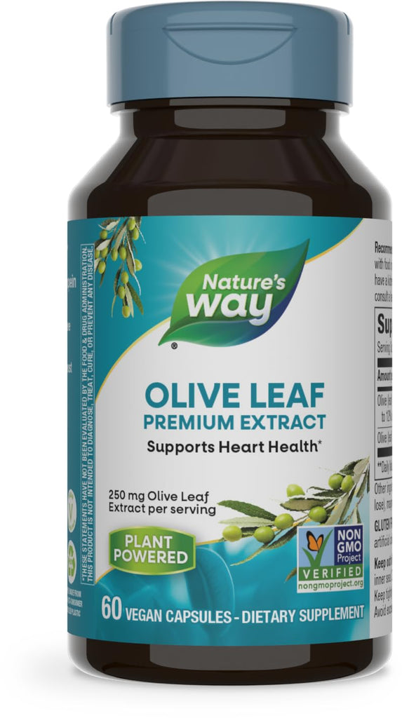 Nature's Way Olive Leaf Premium Extract Supplement, Supports Heart Health*, 250 mg Per Serving, Gluten Free, Vegan, 60 Capsules (Packaging May Vary)