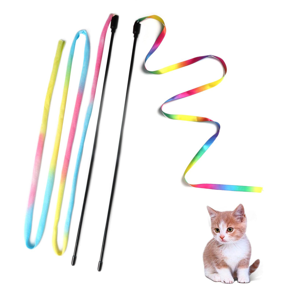 M JJYPET Cat Wand Toys Interactive Kitten Toys for Indoor Cats Colorful Teaser Wand String for Exercise Kitten Stick Kitty Rope Toy Rainbow Ribbon Cat Charmer -2Pcs