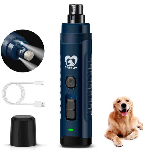 Casfuy Dog Nail Grinder with 2 LED Light - 4.8V Super Powerful 2-Speed Electric Pet Nail Trimmer for Medium Large Dogs Quiet Rechargeable Painless Paws Grooming & Smoothing Tool (Dark Blue)