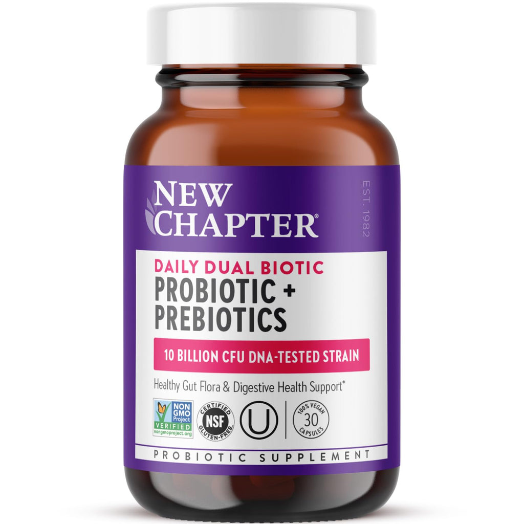 New Chapter Daily Dual Biotic Probiotic + Prebiotic for Digestion & Microbiome Health, 100% Vegan, Soy Free, Non-GMO, 30 Count (1 Month Supply)