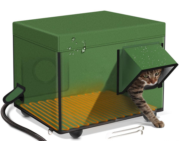 Outdoor Heated Cat House for Winter - Weatherproof & Insulated & Safe Escape Door Feral Cat Shelter with Waterproof Heated Cat Bed Pet Heating Pad, Warm House for Outside Stray and Barn Cats