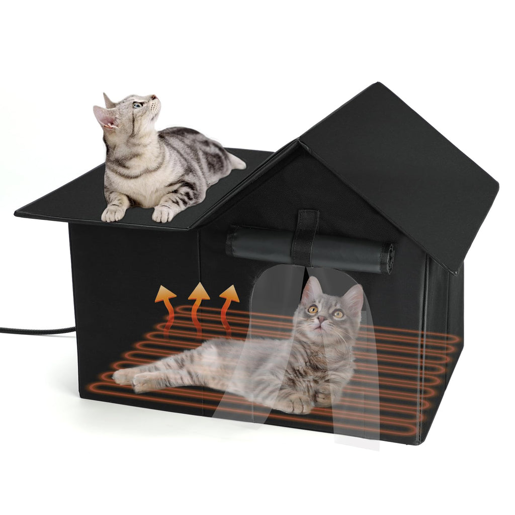 Lonepetu Outdoor Weatherproof Cat House for Winter, Heated Cat House for Outdoor with Pet Heating Pad, Large Warm Feral Cat Home for Multiple Cats 19.7"×13.4"×16.1"