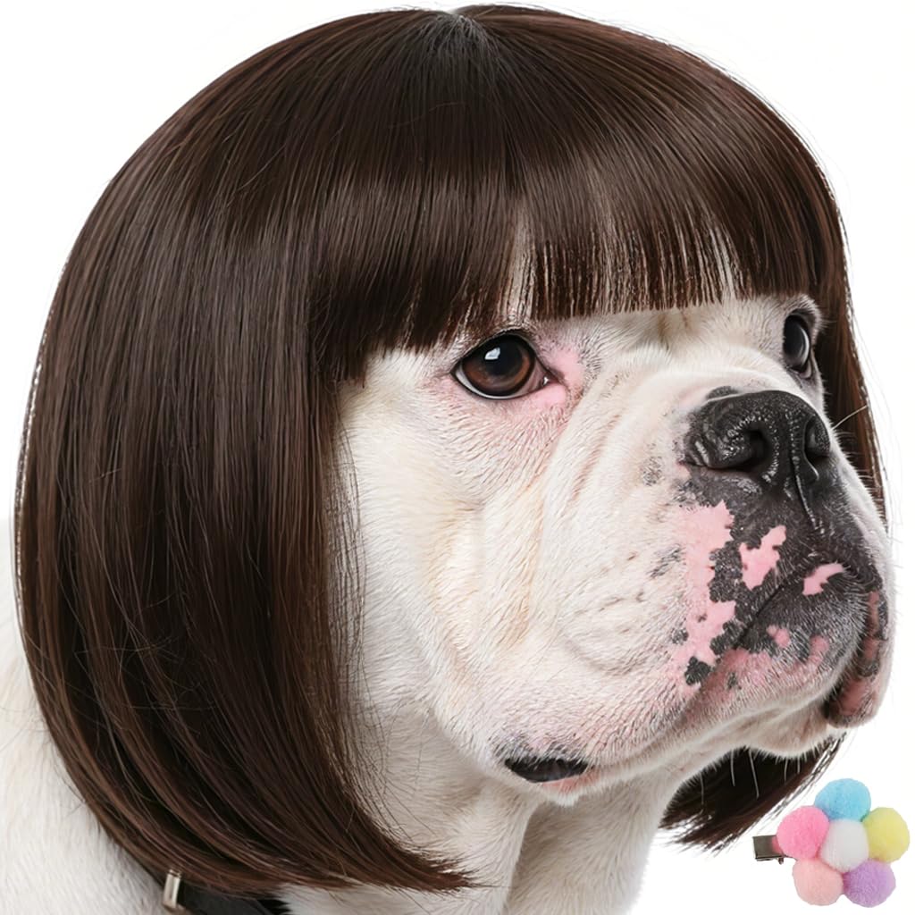 Funny Dog Wig for Small Medium Large Dogs with Free Head Flower, Trimmable Pet Costume Cat Cosplay Decoration for Halloween, Christmas, Parties