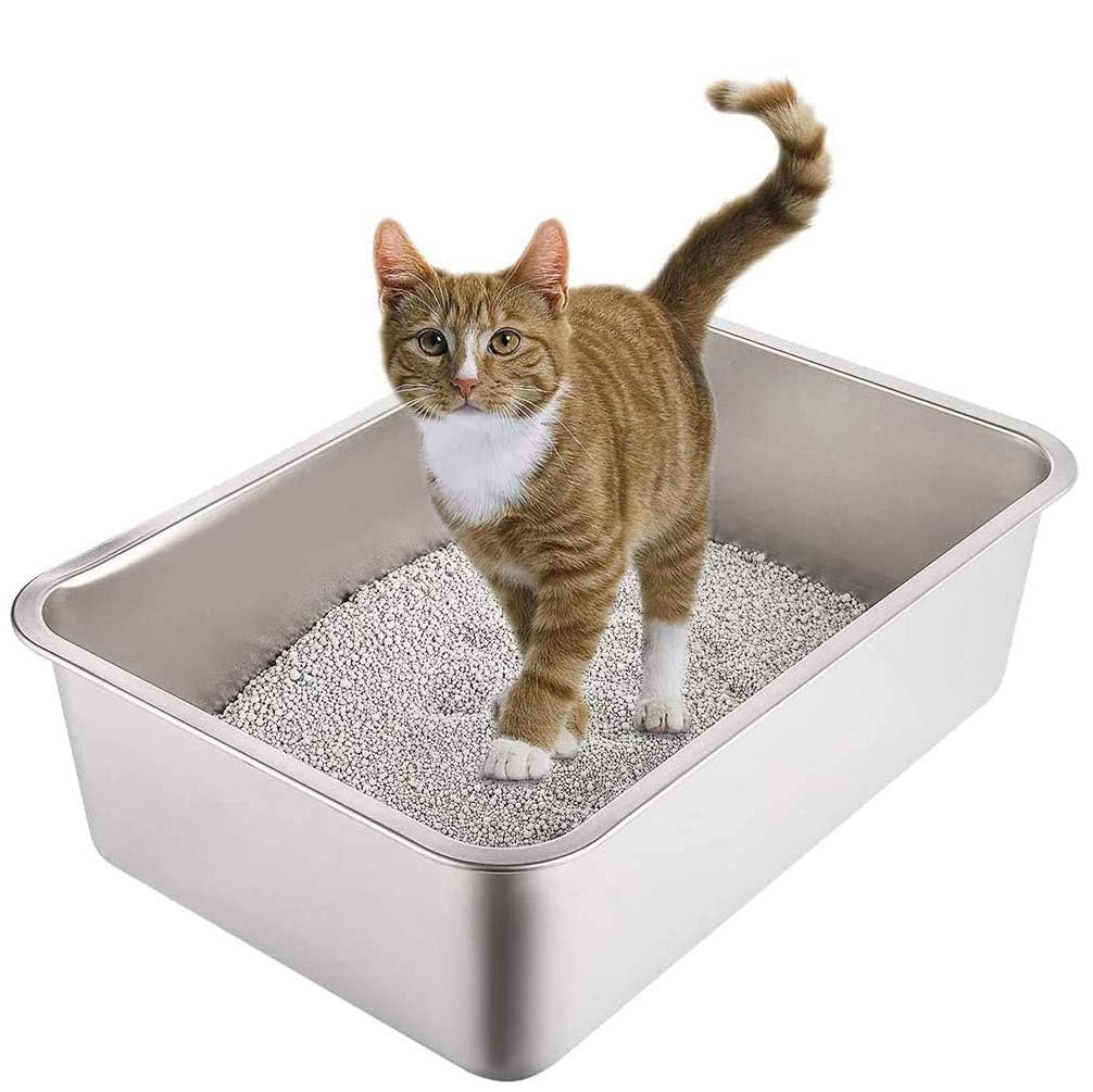 Yangbaga Stainless Steel Litter Box for Cat and Rabbit, Odor Control Litter Pan, Non Stick, Easy to Clean, Rust Proof, Large Size with High Sides and Non Slip Rubber Feets