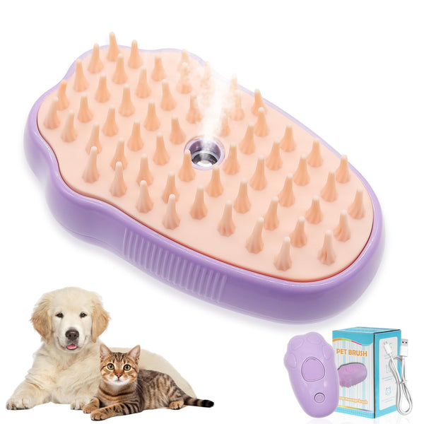 Purple Silicone Steam Brush for Cats & Dogs - 3-in-1 Rechargeable Steamy Pet Brush for Shedding