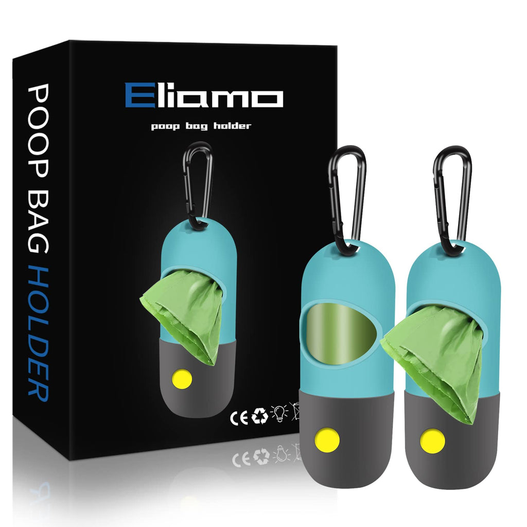 2 Pack Dog Poop Bag Dispenser with Built-in LED Flashlight, Pet Waste Bag Holder for Leash with Carabiner Clip for Lead Leash, 2 Rolls Leak-proof Doggy Waste Bags for Dog Walking, Blue,Eliamo