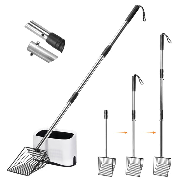 PETOCAT Metal Cat Litter Scoop with Holder, 43" Extendable Long Handle Cat Scooper for Litter Box, Solid & Durable, Deep Shovel for Fast Sifting, Large Pet Pooper Scooper for Kitty/Outside Dog Poop