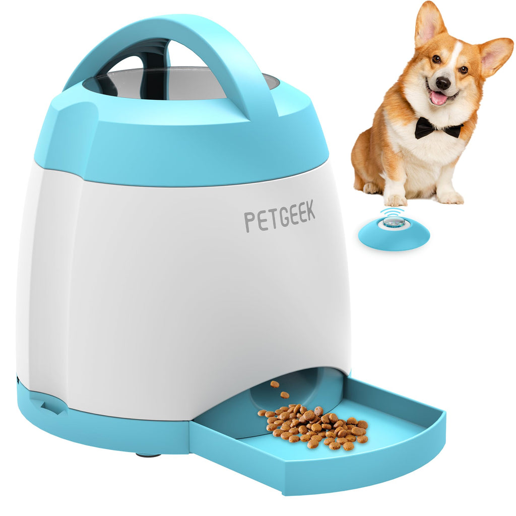 PETGEEK Automatic Dog Treat Dispenser, Interactive Pet Toy Food Dispensing for IQ Training, Dog Food Dispenser with Button Remote Push, Dual Power Supply for Indoor Outdoor Use, Blue