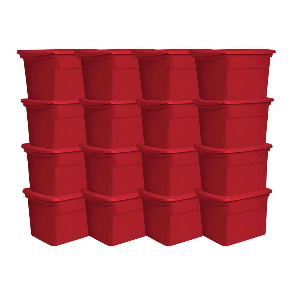 Sterilite 18 Gallon Stackable Storage Tote Container, Seasonal Home Decor, and Garage Organizer Bin with Lid, Red (16 Pack)