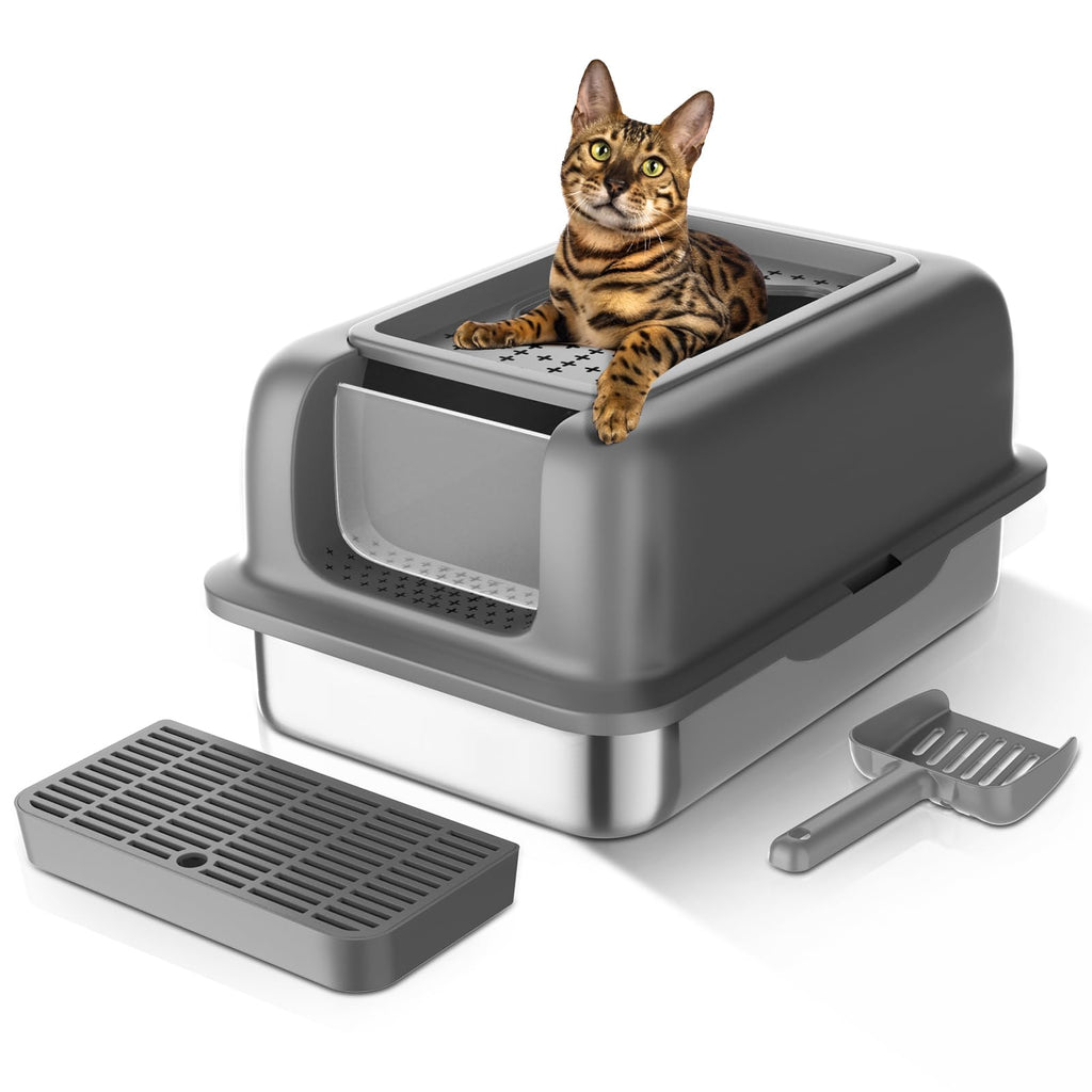 Stainless Steel Litter Box Metal Cat Litter Box with Lid High Wall Sides Enclosure,Non-Sticky,Anti-Leakage,Easy Cleaning