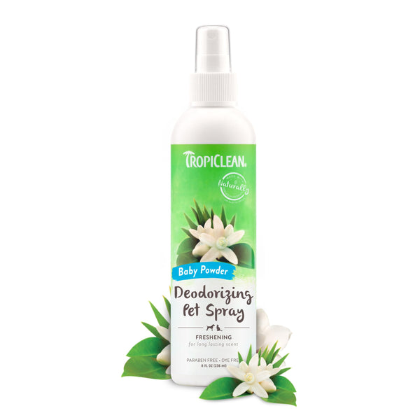 TropiClean Dog Perfume, Long Lasting Baby Powder Cologne, Deodorizing Spray for Smelly Dogs, After Bath Detangling Spray with Vitamin E, Safe for Cats, 8oz.