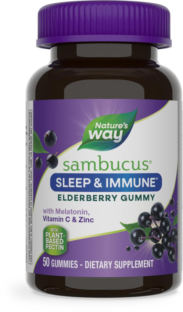 Nature’s Way Sambucus Sleep + Immune* Elderberry Gummies, Sleep and Immune Support*, With Melatonin, Vitamin C, L-Theanine, Zinc, 50 Gummies (Packaging May Vary)