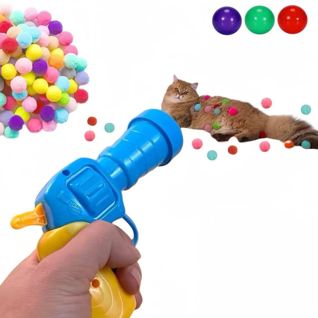34Pcs Cat Toy Launcher Gun With 30 Pompoms and 3 Bonus Balls - Interactive Plush Fuzzy Ball Shooting Toy for Bored Indoor Cats and Kittens