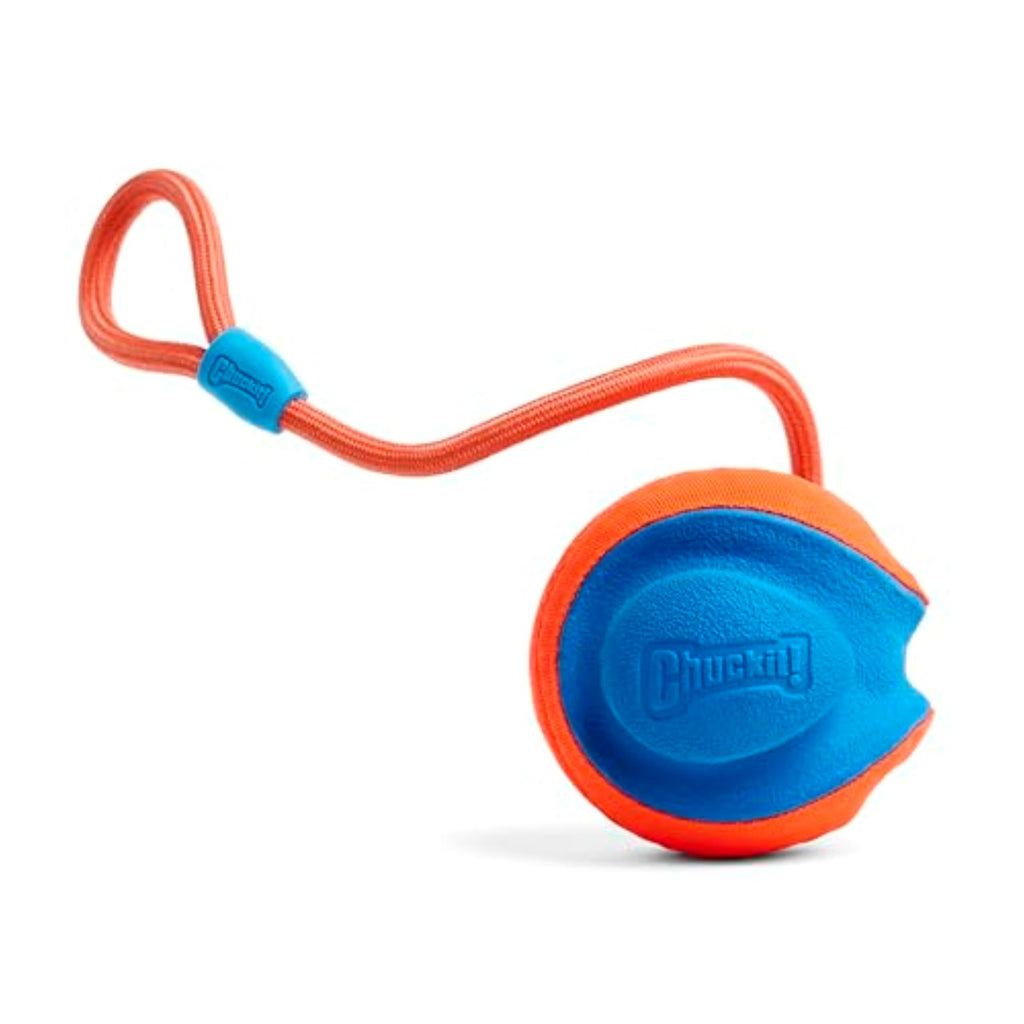 Chuckit! Rope Fetch Dog Toy - Ball on Rope Fetch and Tug-of-War Toy for Dogs - Durable EVA Rubber Construction - 5.5-inch Diameter - 18-inch Rope - Orange and Blue