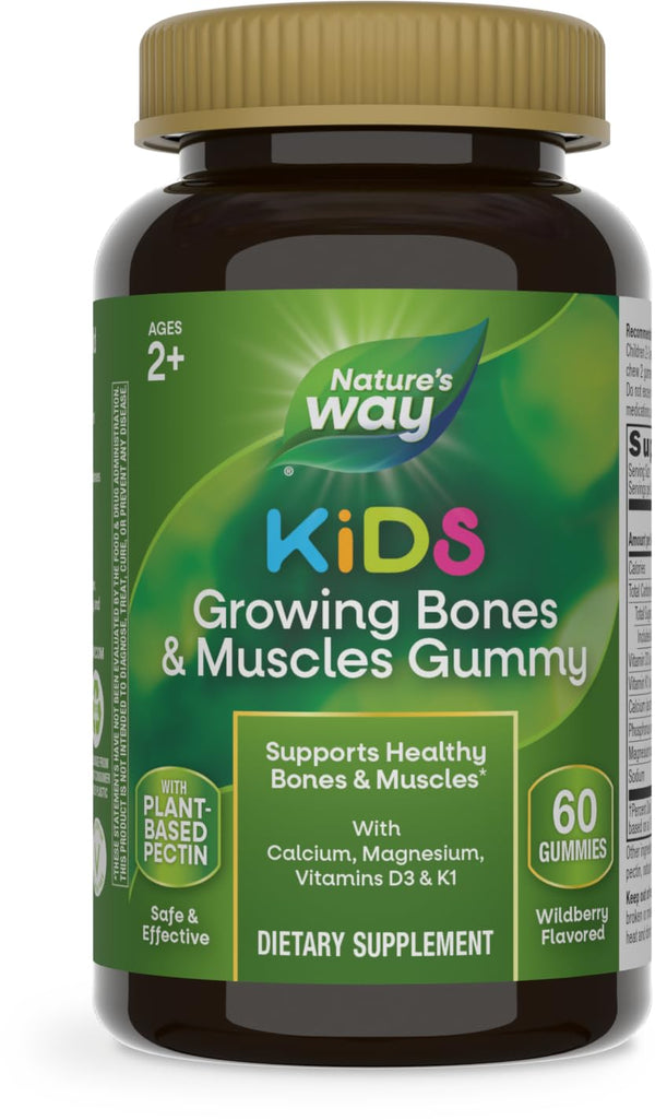 Nature's Way Kids Growing Bones & Muscles Gummies, Supports Healthy Bones & Muscles*, Calcium, Magnesium, Vitamins D3 & K1, Ages 2+, Wildberry Flavored, 60 Gummies (Packaging May Vary)