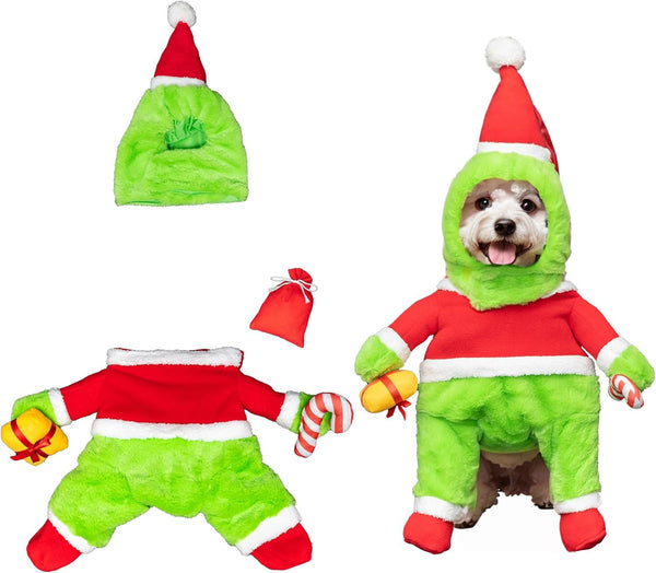 Dog Christmas Costume Green Furry Hat Xmas Halloween Dog Costume Funny Pet Costume Cosplay Outfit Party Favors (Medium, Green Furry Dog Costume)