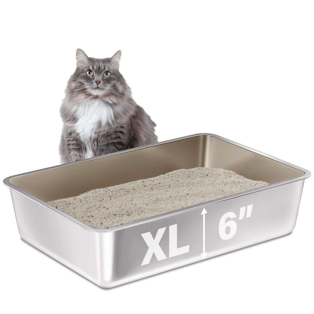 FUTAM Stainless Steel Litter Box, 23.6“x15.7"x6" Deep Stainless Steel Cat Litter Box Extra Large, XL Metal Litterbox for Big Cats with High Sides, Non Stick Surface, Easy to Clean