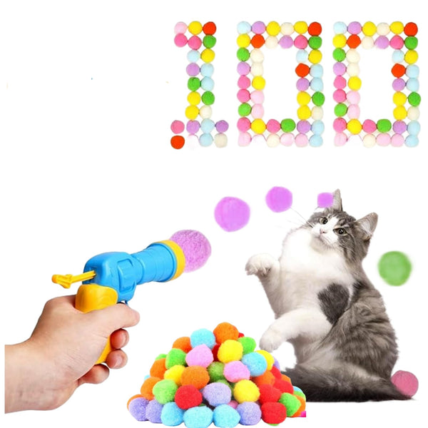 Jacsoii Cat Toy Balls - 100Pcs 1.2Inch Pompom and Launcher, Colorful Soft Interactive Balls for Indoor Exercise
