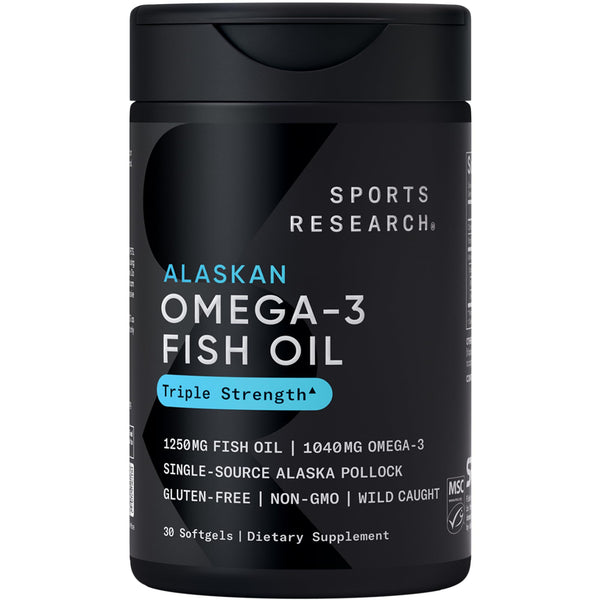 Sports Research® Omega-3 Fish Oil 1250 - Triple Strength Fish Oil Supplement from Wild Alaska Pollock - MSC Certified Sustainable · Non-GMO · Soy Free - 30 Softgel Capsules