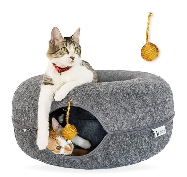 FAMPAWS Large (24 Inch) Peekaboo Cat Cave for Multiple & Large Cats, Cat Caves for Indoor Cats Up to 30 Lbs, Scratch Detachable & Washable, Cat Tunnel Bed (Dark Grey)