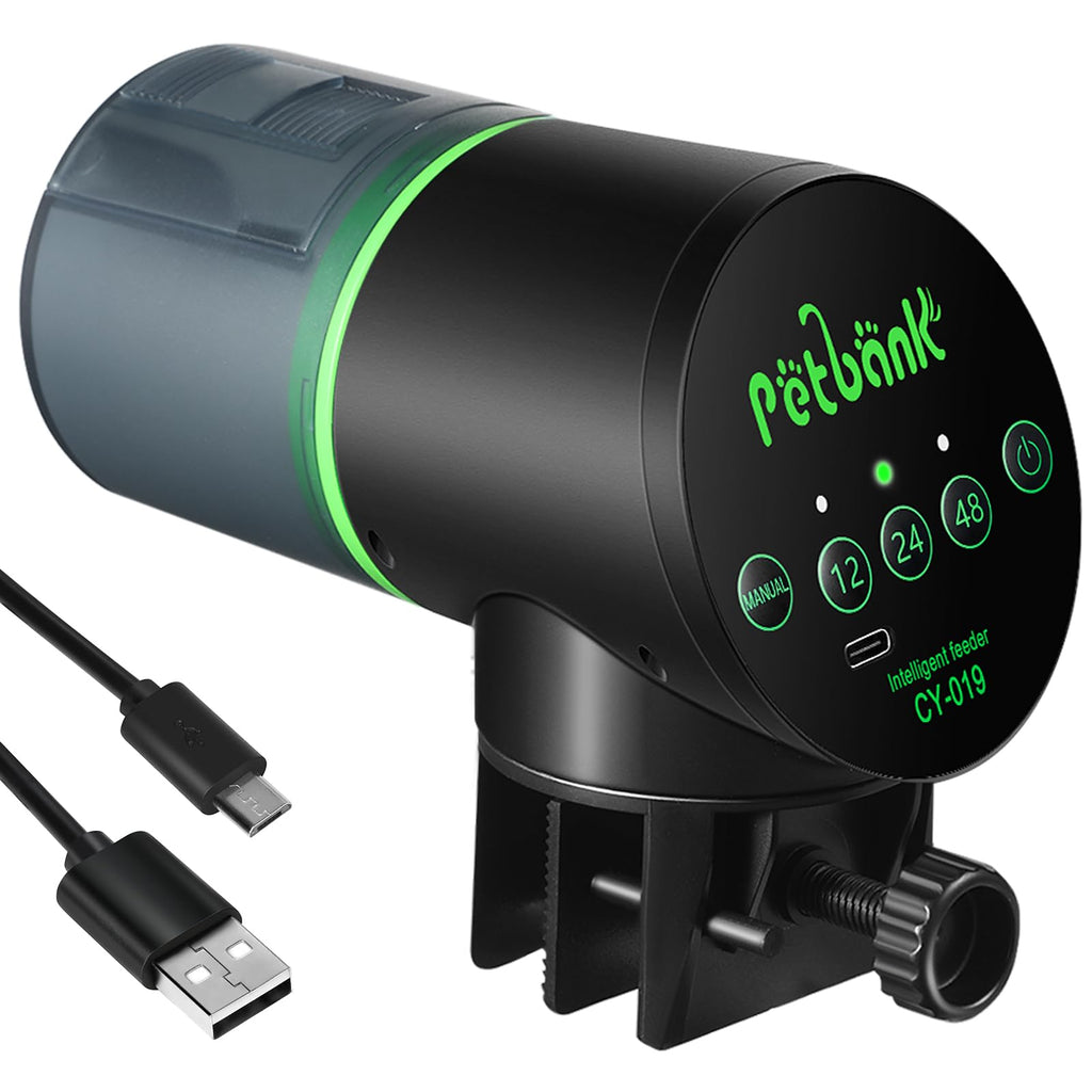 Petbank Automatic Fish Feeder for Aquarium - Auto Fish Food Dispenser Rechargeable for Small Large Tank with USB Charger Cable，12/24/48H Interval Esay Set Up (Black, CY-019)